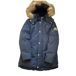 Moose Knuckles Kids Dark Blue Puffer Jacket with Faux Fur Trim